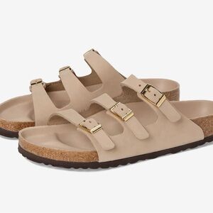 Birkenstock, Florida- Nubuck Sandals in Sandcastle Beige with Gold Buckles, 39